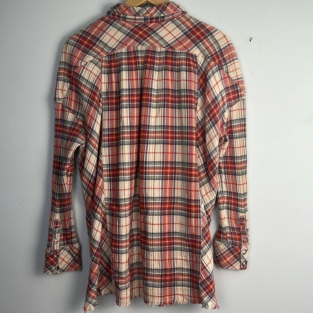 Free People Juniper Ridge Plaid Cotton Shirt Shacket Small Raw Hem Relaxed Fit